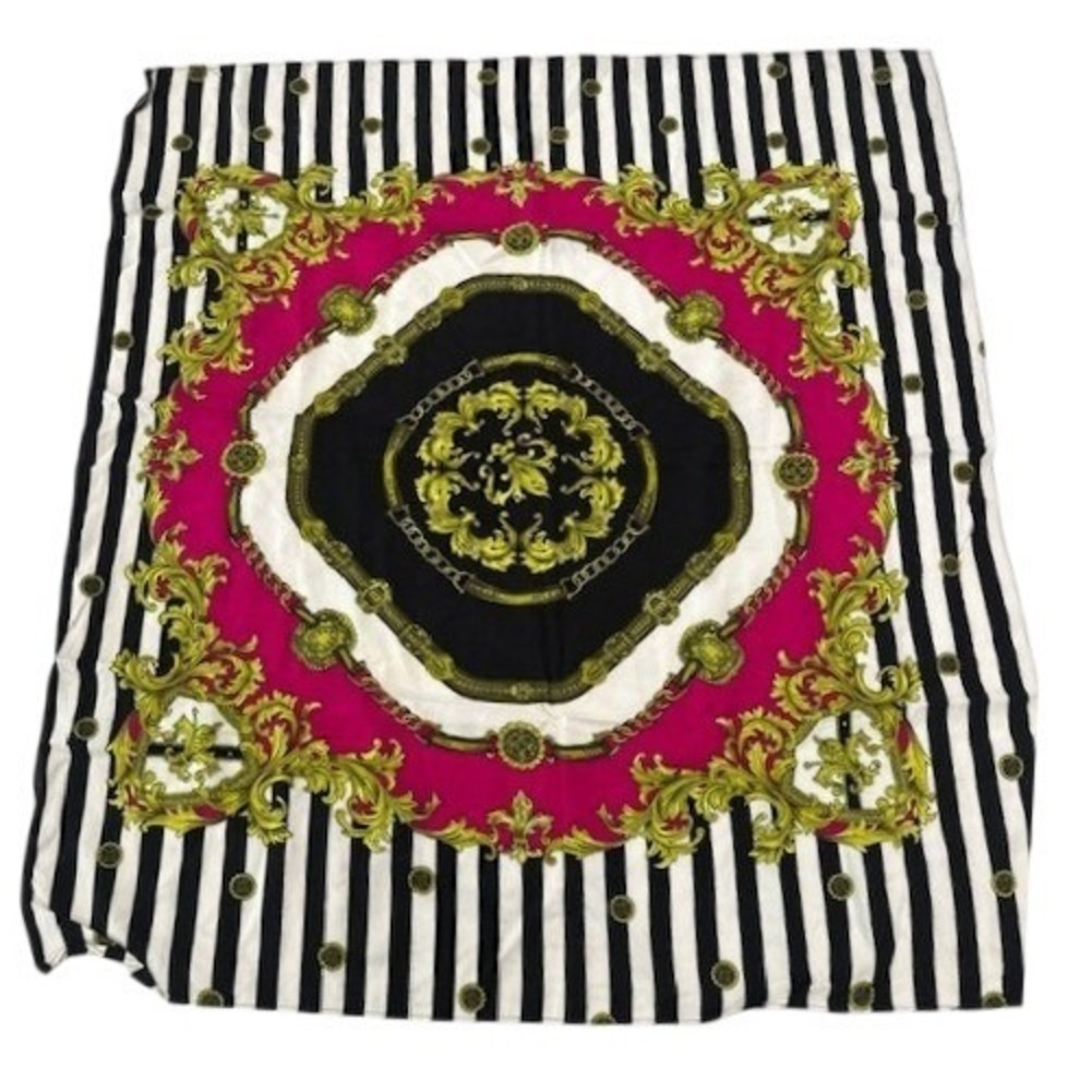 Vintage 90s Baroque Print Cotton Scarf Black White Stripe Fuchsia‎ Gold 27x29